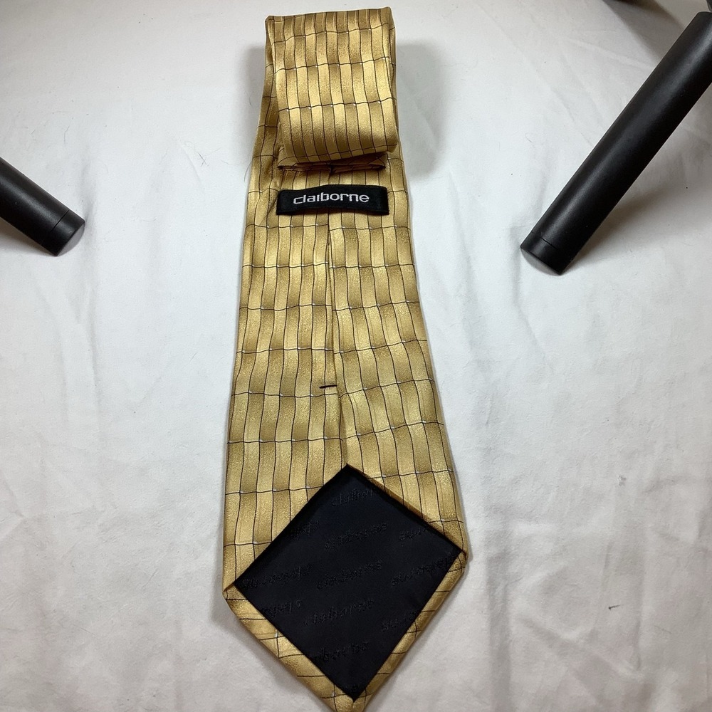 Claiborne Mens Necktie Gold Silk Geometric Square Pattern Tie